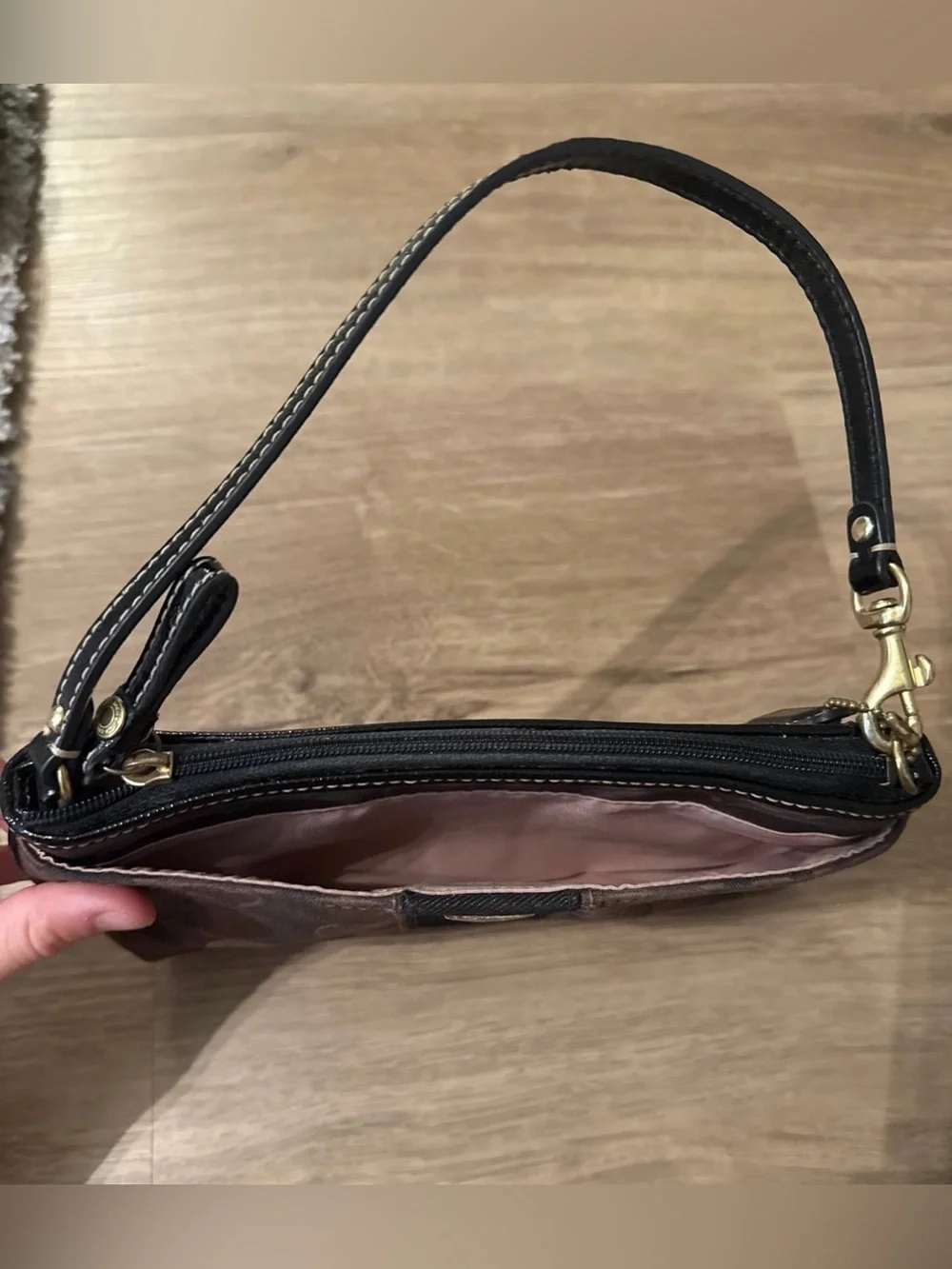 Coach Dark Brown Stripe Round Wristlet